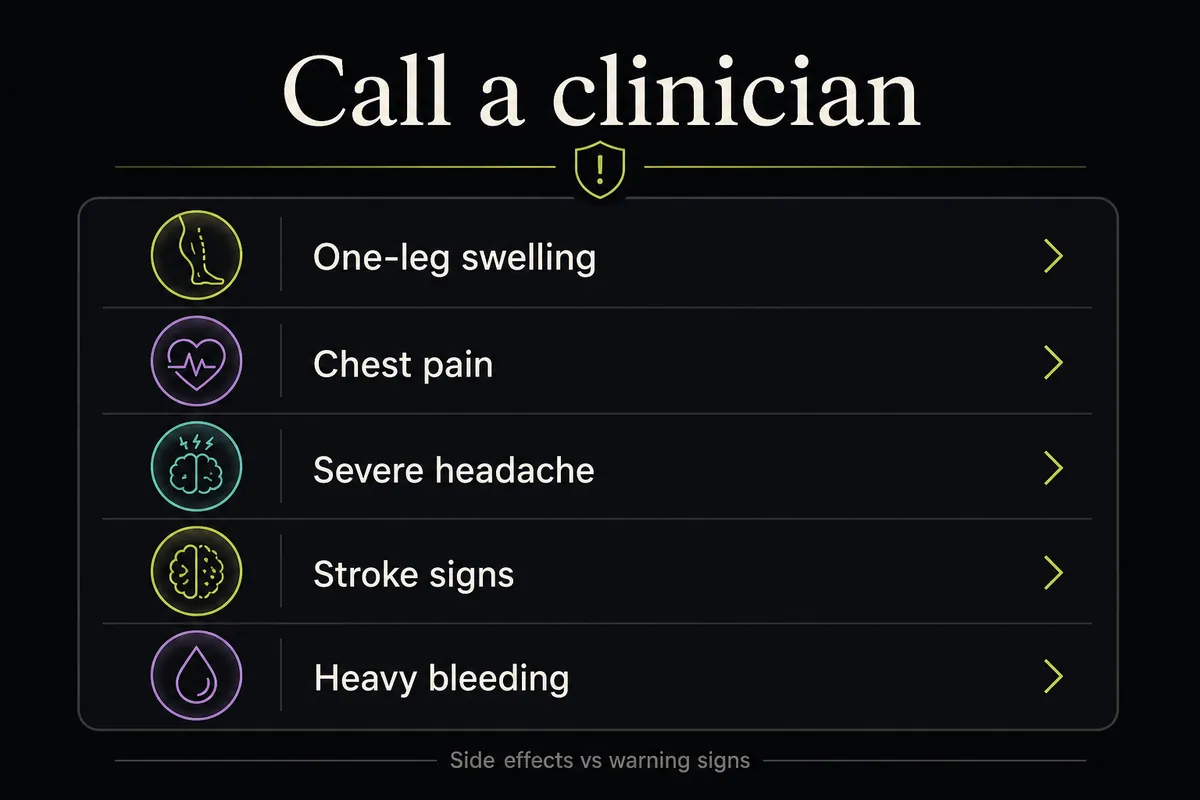 Checklist-style medical visual showing HRT side-effect warning signs that warrant clinician review.