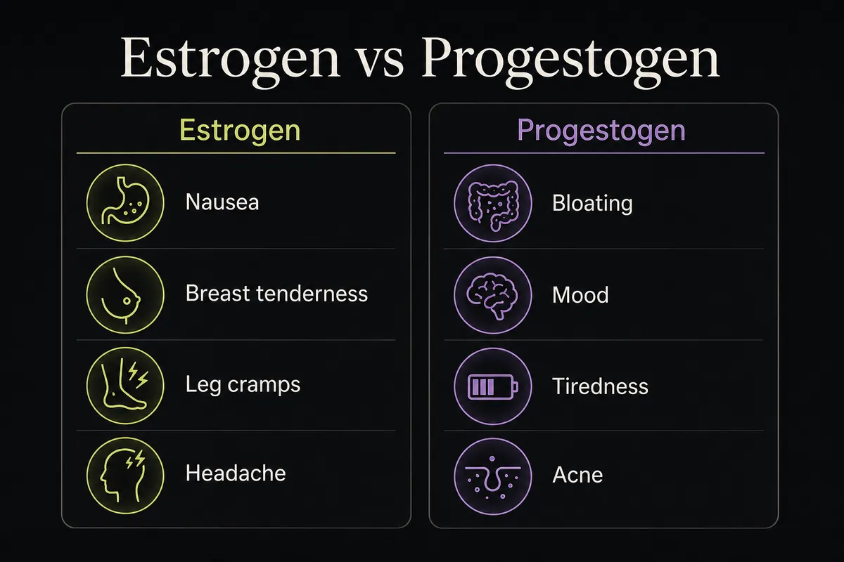 Infographic comparing estrogen-linked and progestogen-linked HRT side effects.