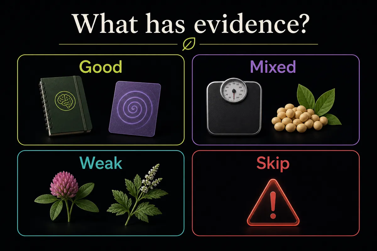 Evidence-grade matrix comparing menopause supplements, CBT, hypnosis, weight management, and cautions.