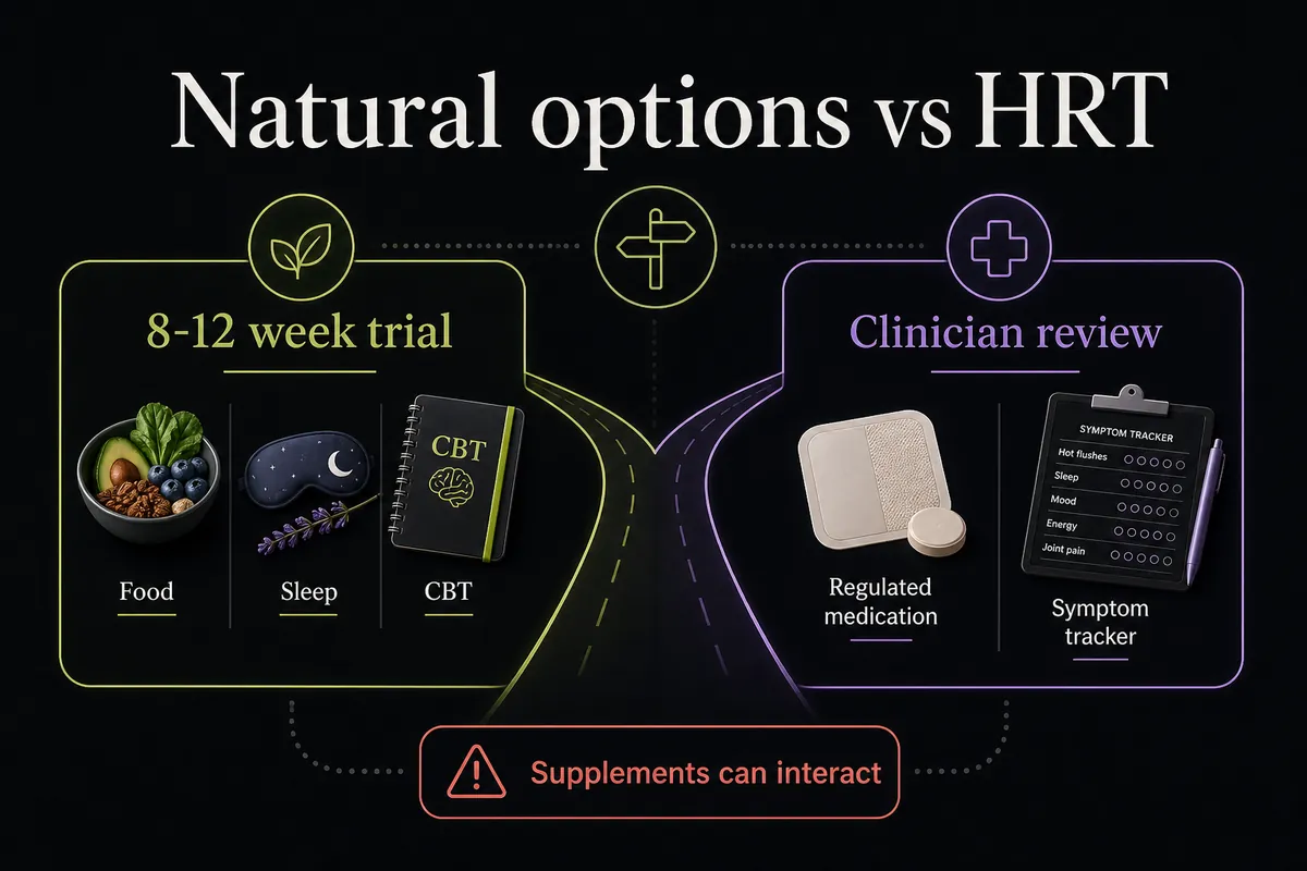 Decision pathway visual showing when to try natural options and when to discuss regulated HRT.
