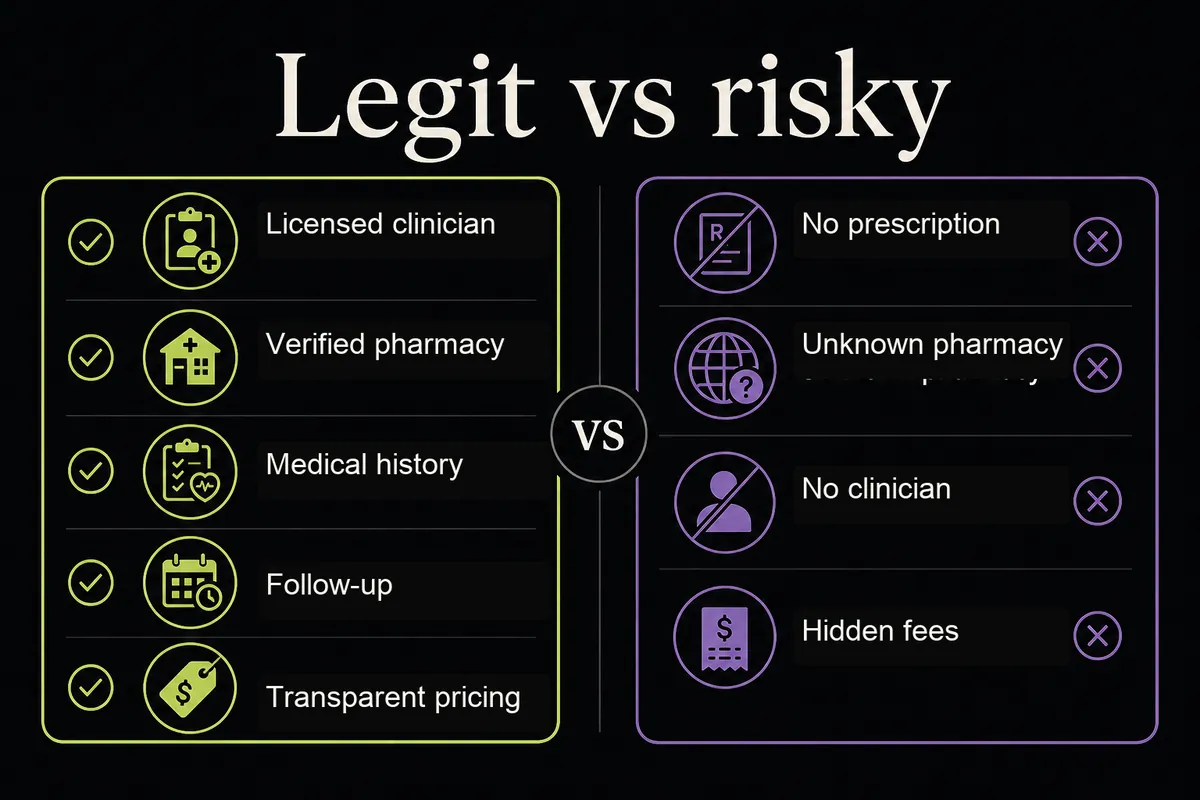 Checklist comparing legitimate online HRT provider signs with risky provider red flags.