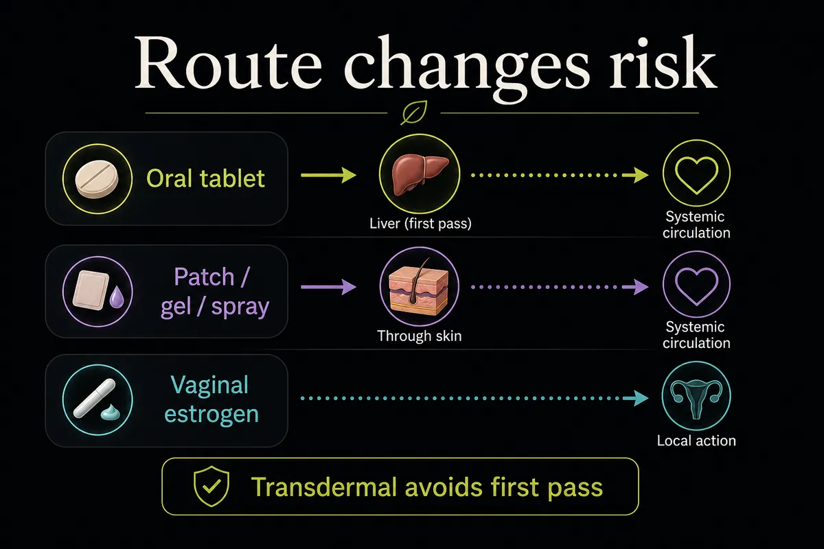 Route comparison diagram showing oral, transdermal, and vaginal estrogen risk differences.