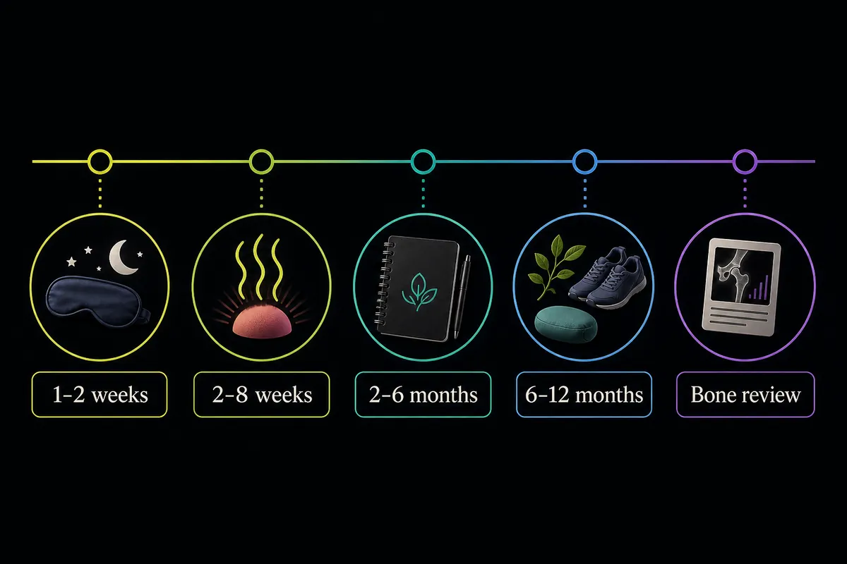 Timeline visual showing what can happen from the first weeks through the year after stopping HRT.