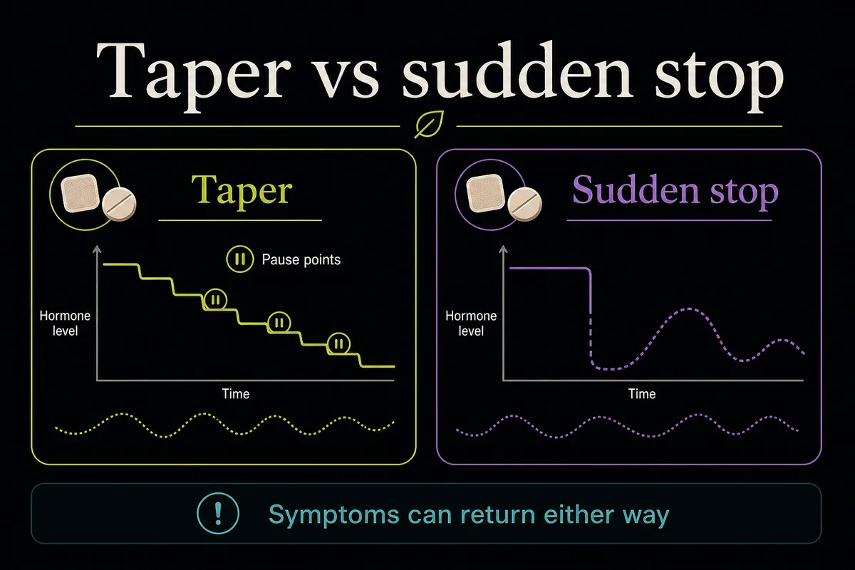 Infographic comparing gradual HRT tapering with stopping suddenly and possible symptom return.