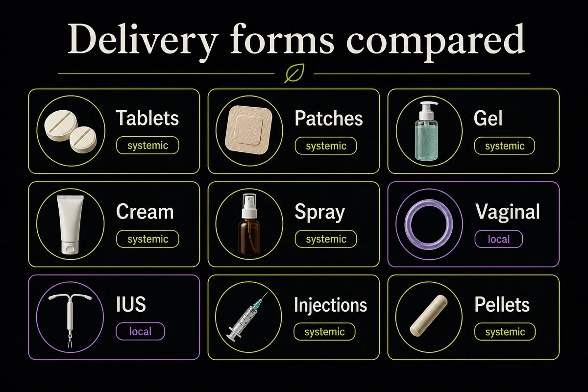 Grid infographic comparing major HRT delivery forms from tablets and patches to vaginal estrogen and pellets.