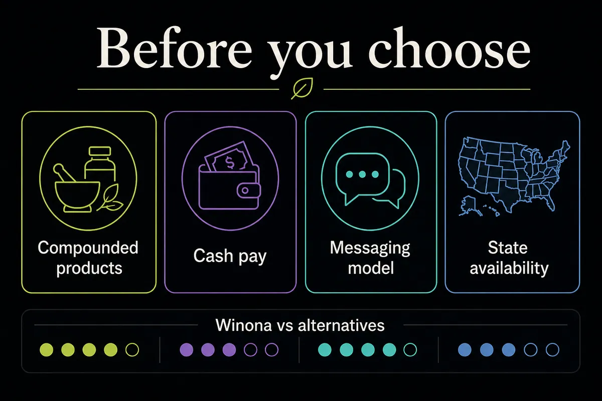 Checklist visual highlighting compounded products, cash pay, messaging model, and state availability before choosing Winona HRT.