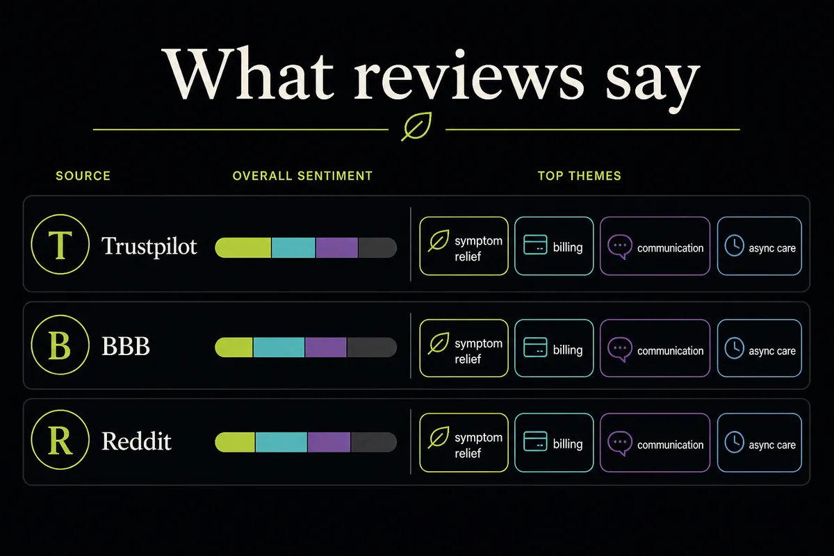 Scorecard infographic summarizing Winona HRT review themes across Trustpilot, BBB, and Reddit.