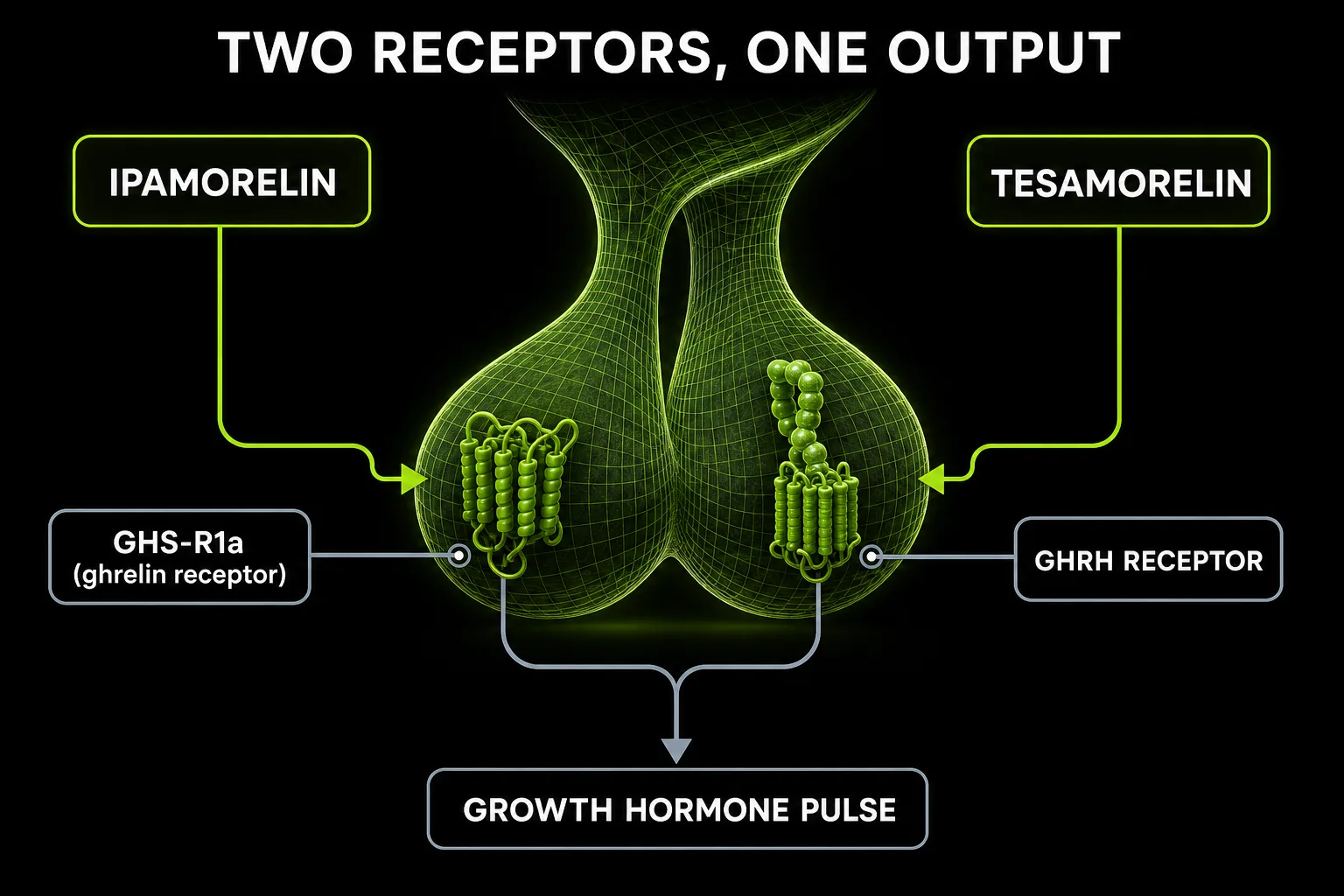 Diagram showing ipamorelin binding the GHS-R1a ghrelin receptor and tesamorelin binding the GHRH receptor on the pituitary, both converging on a growth hormone pulse