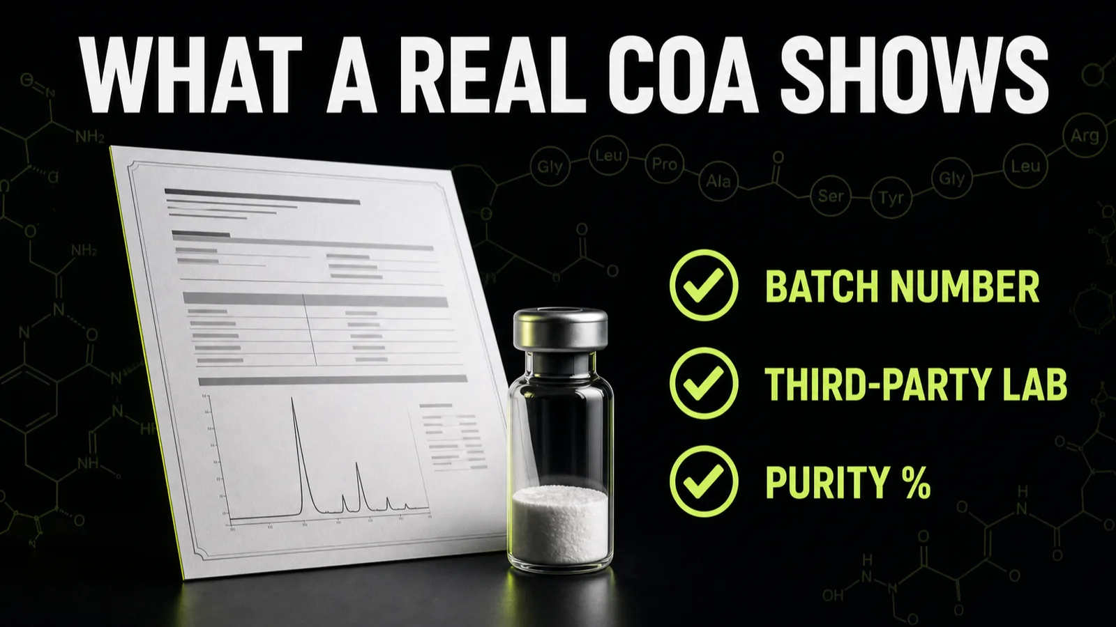 Certificate of analysis checklist for buying research peptides for animal use showing purity testing and batch verification