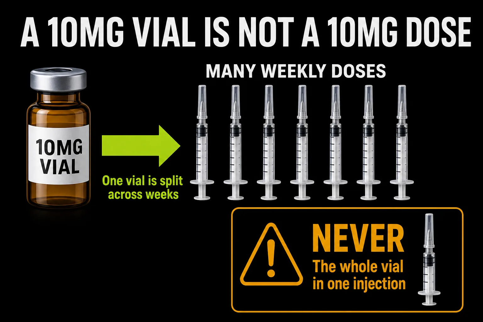 Diagram showing a 10mg retatrutide vial splitting into many weekly doses across several syringes, with an amber warning box stating never to inject the whole vial at once