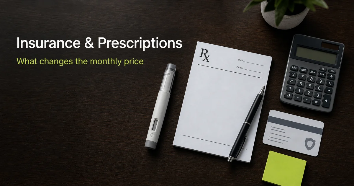 Doctors desk with prescription pad, generic injection pen, calculator, and insurance card for tirzepatide cost planning