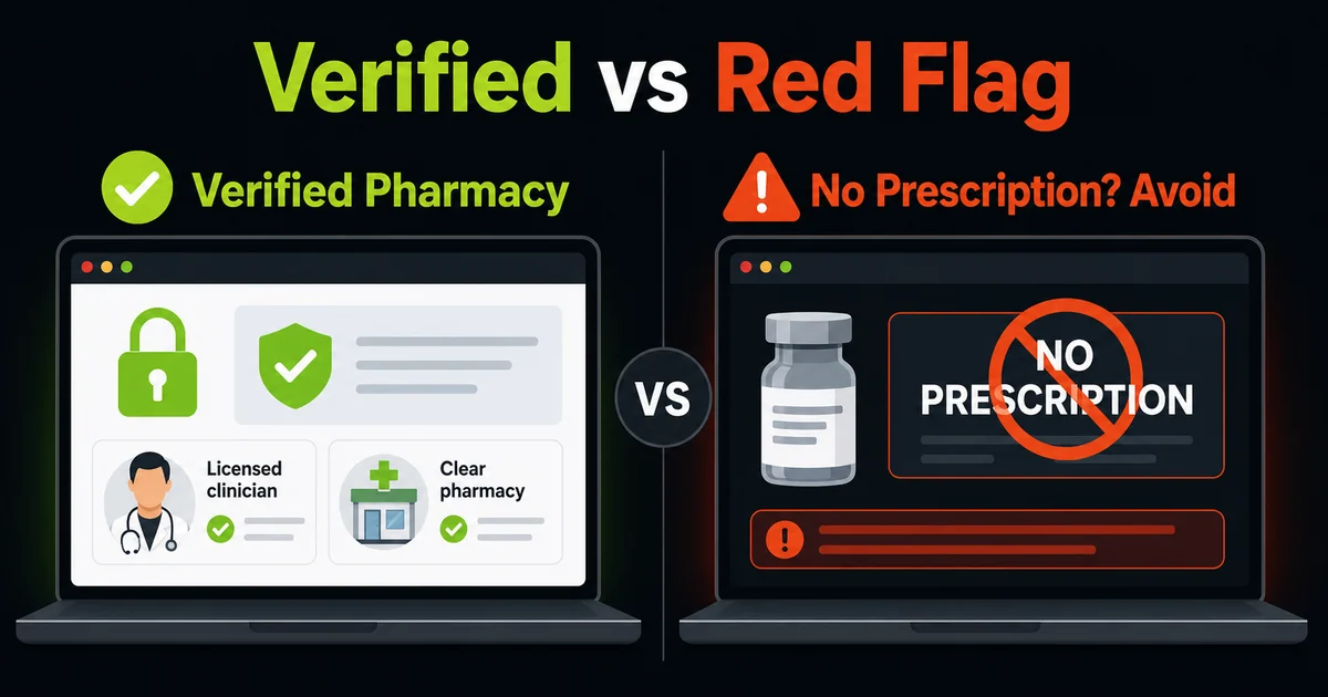 Split-screen warning graphic comparing a verified pharmacy with a no-prescription red flag website
