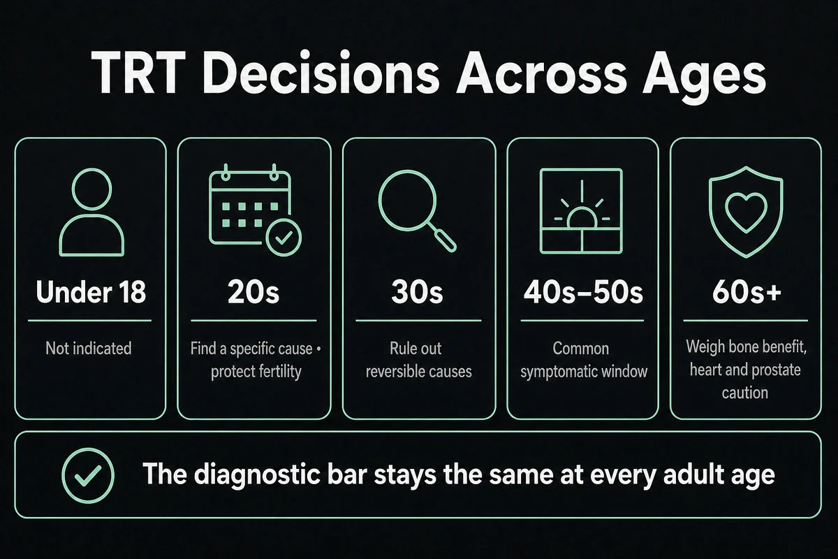 Infographic summarizing TRT considerations across five age bands.