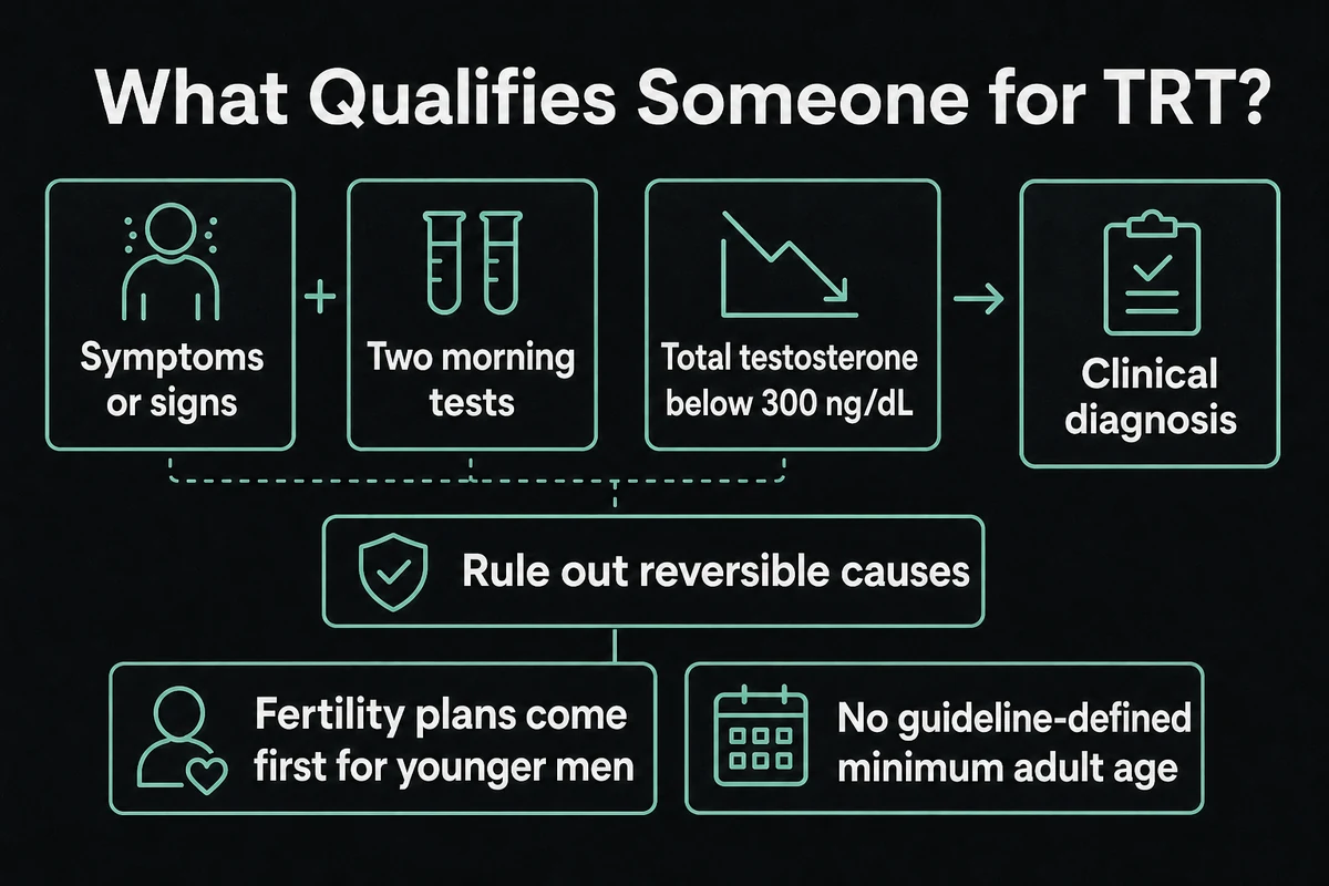 Decision pathway showing that TRT qualification depends on symptoms, repeated labs, and diagnosis rather than age.