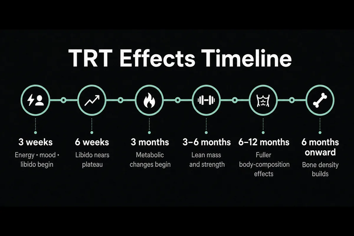 Timeline of TRT effects from three weeks through six months and beyond.
