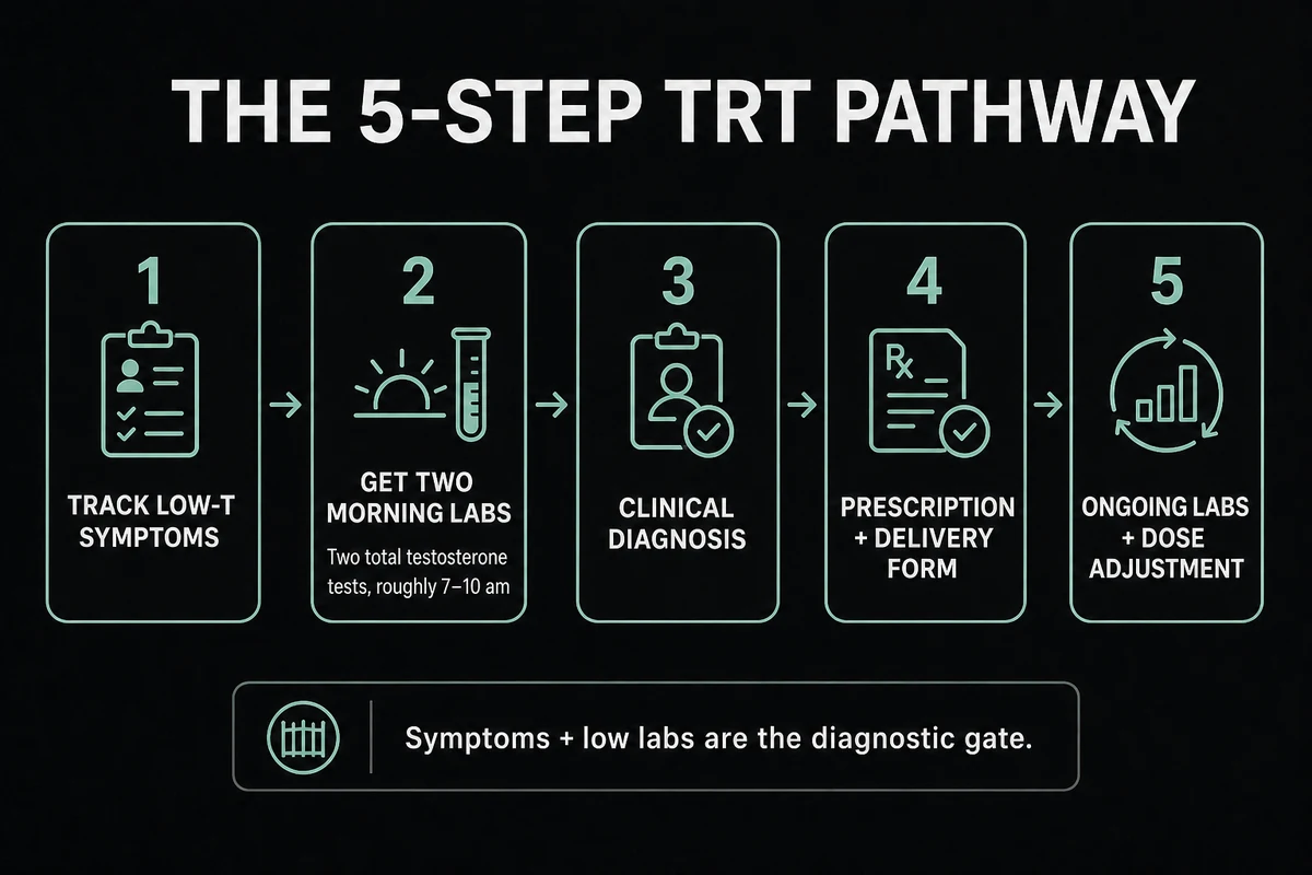 Five-step pathway from recognizing low-testosterone symptoms to ongoing TRT monitoring.
