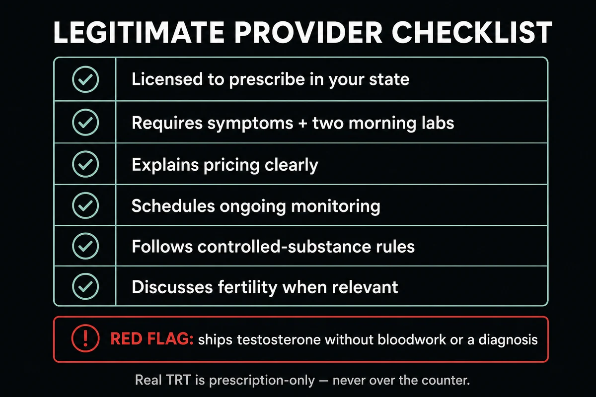 Checklist for choosing a legitimate TRT provider and avoiding providers that skip bloodwork or diagnosis.