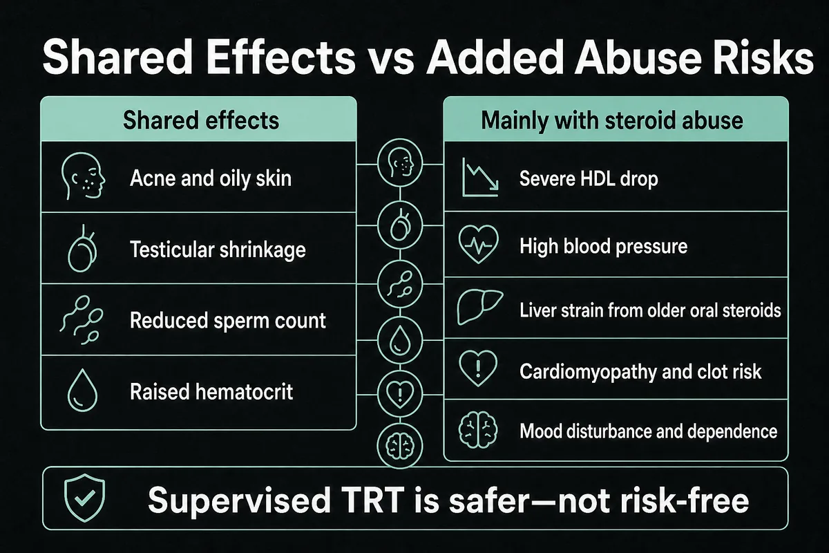 Infographic separating effects shared with TRT from risks associated mainly with steroid abuse.