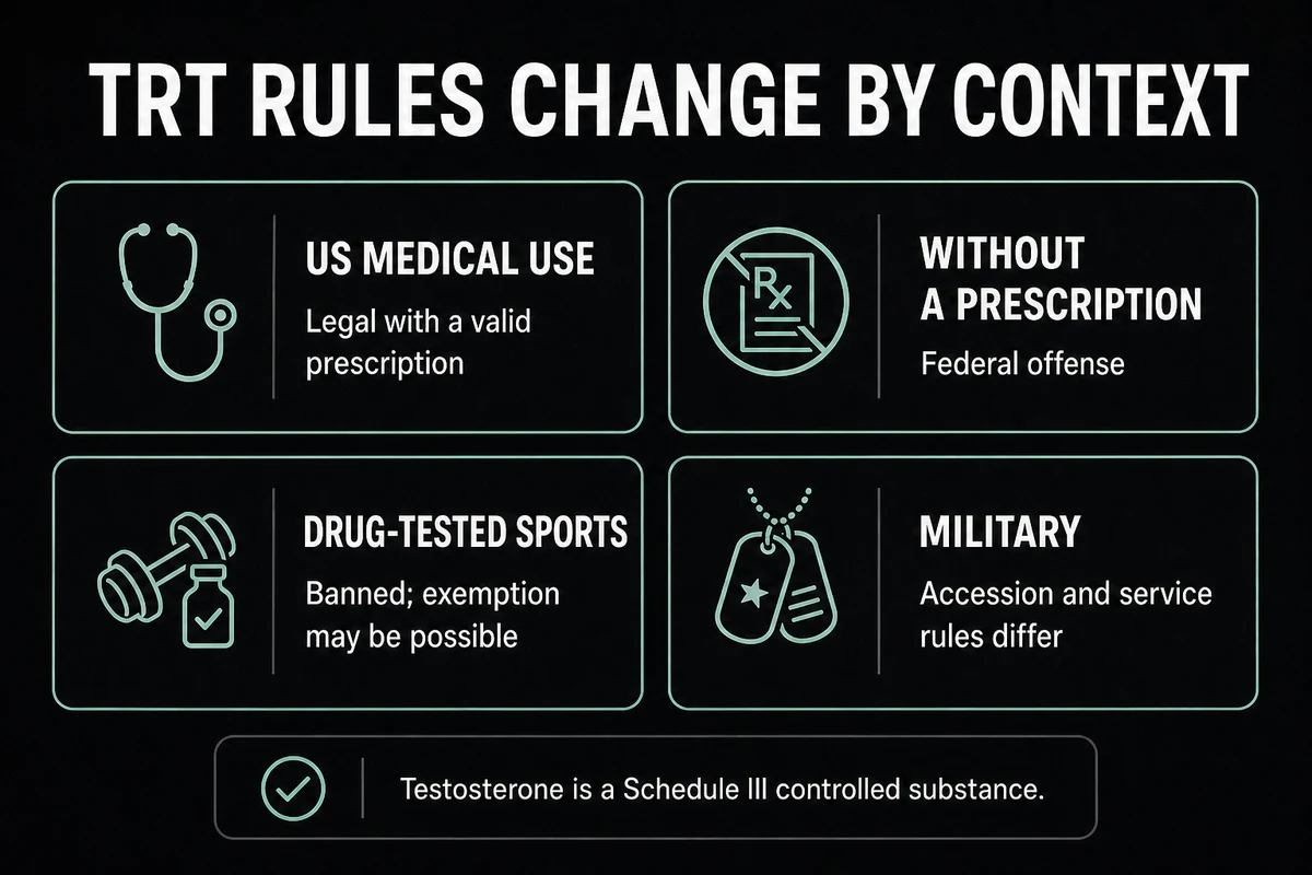 Four-card infographic comparing TRT rules for medical use, unprescribed use, sports, and military contexts.