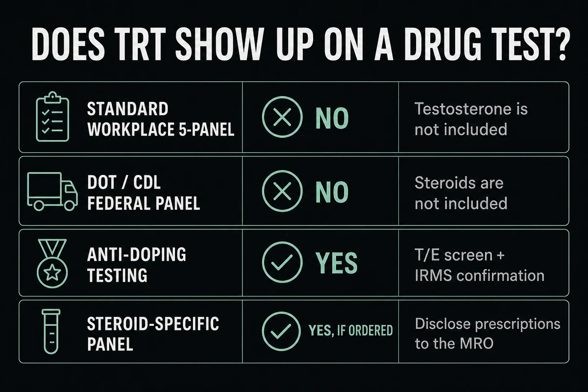 Comparison of whether standard workplace, DOT, anti-doping, and steroid-specific tests detect TRT.