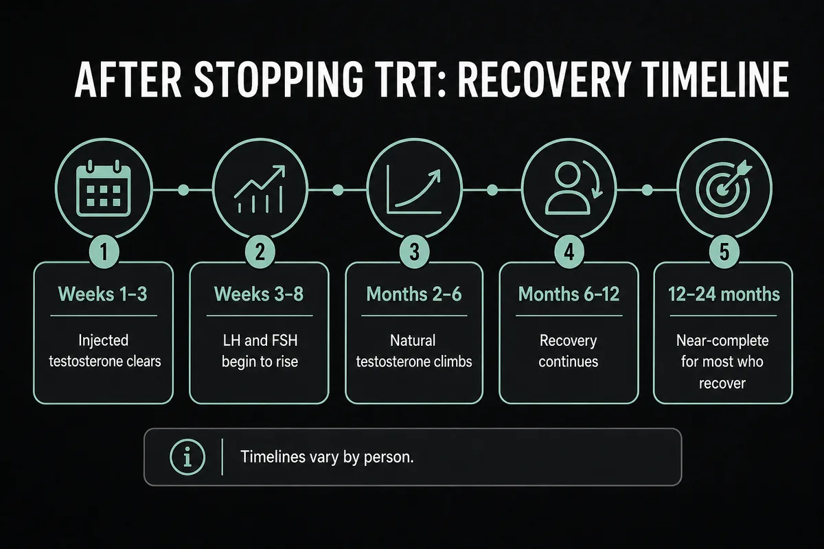 Timeline of testosterone and hormone recovery after stopping TRT.