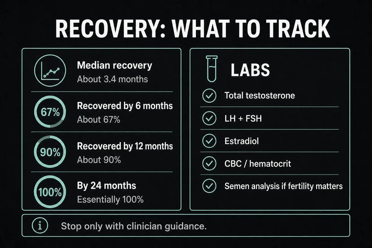 Recovery milestones and laboratory tests clinicians may track after stopping TRT.