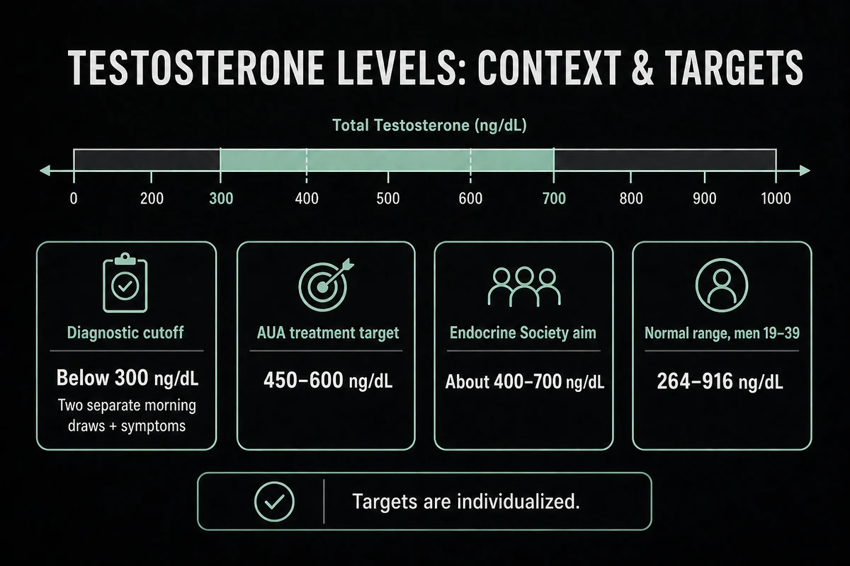 Testosterone diagnostic, treatment target, and reference ranges in ng per dL.