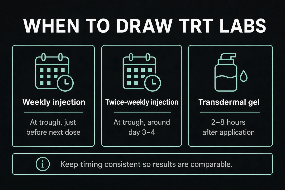 TRT lab draw timing for weekly injections, twice-weekly injections, and gel.