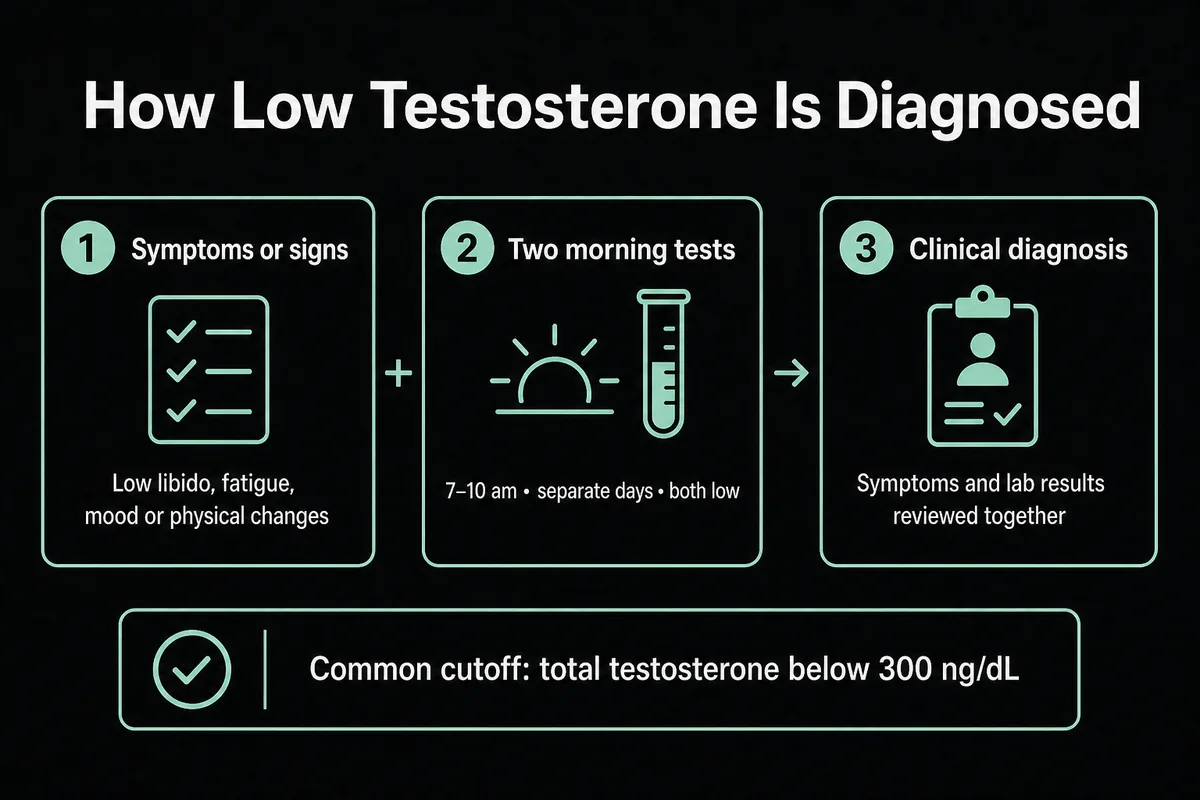 Three-step infographic showing symptoms, two morning tests, and clinical diagnosis for low testosterone.