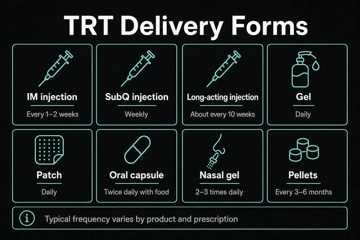 Infographic comparing eight TRT delivery forms and their typical frequencies.