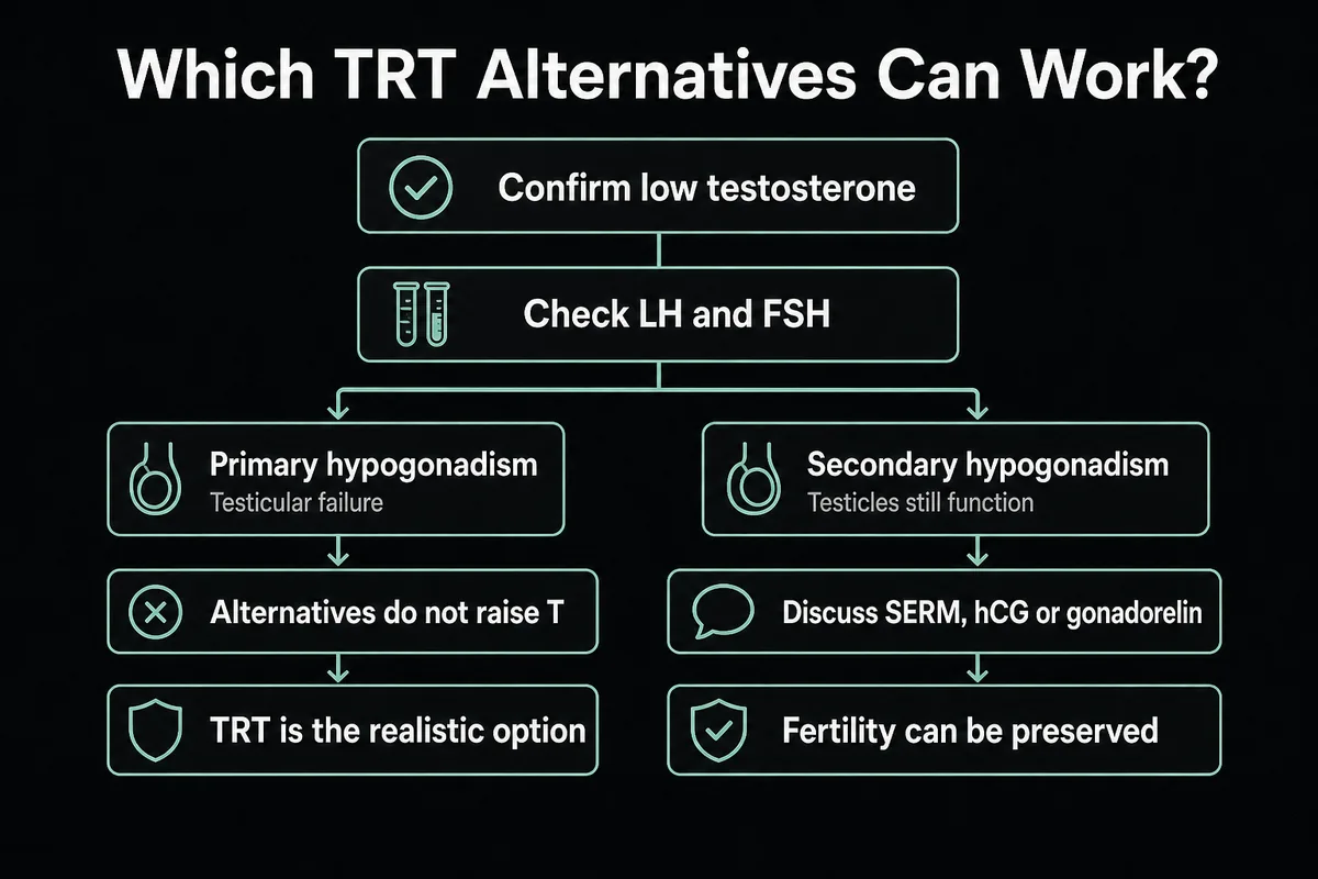 Decision pathway for TRT alternatives in primary versus secondary hypogonadism.
