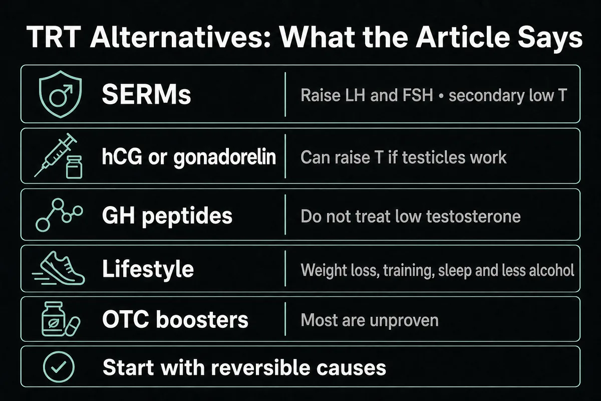 Evidence summary comparing SERMs, gonadotropins, growth-hormone peptides, lifestyle changes, and OTC boosters.