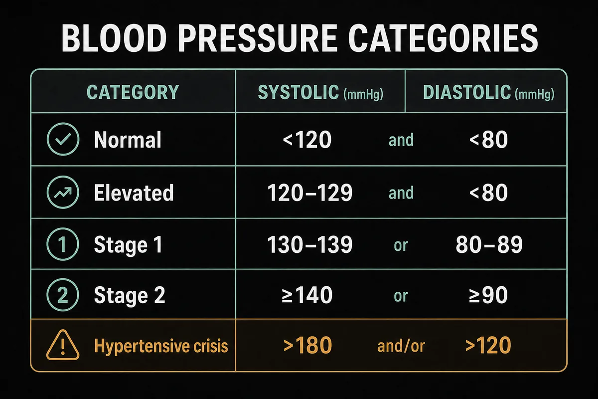 Adult blood-pressure categories from normal through hypertensive crisis.