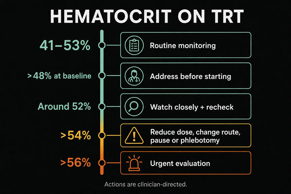 Hematocrit thresholds and typical clinician-directed actions during TRT.