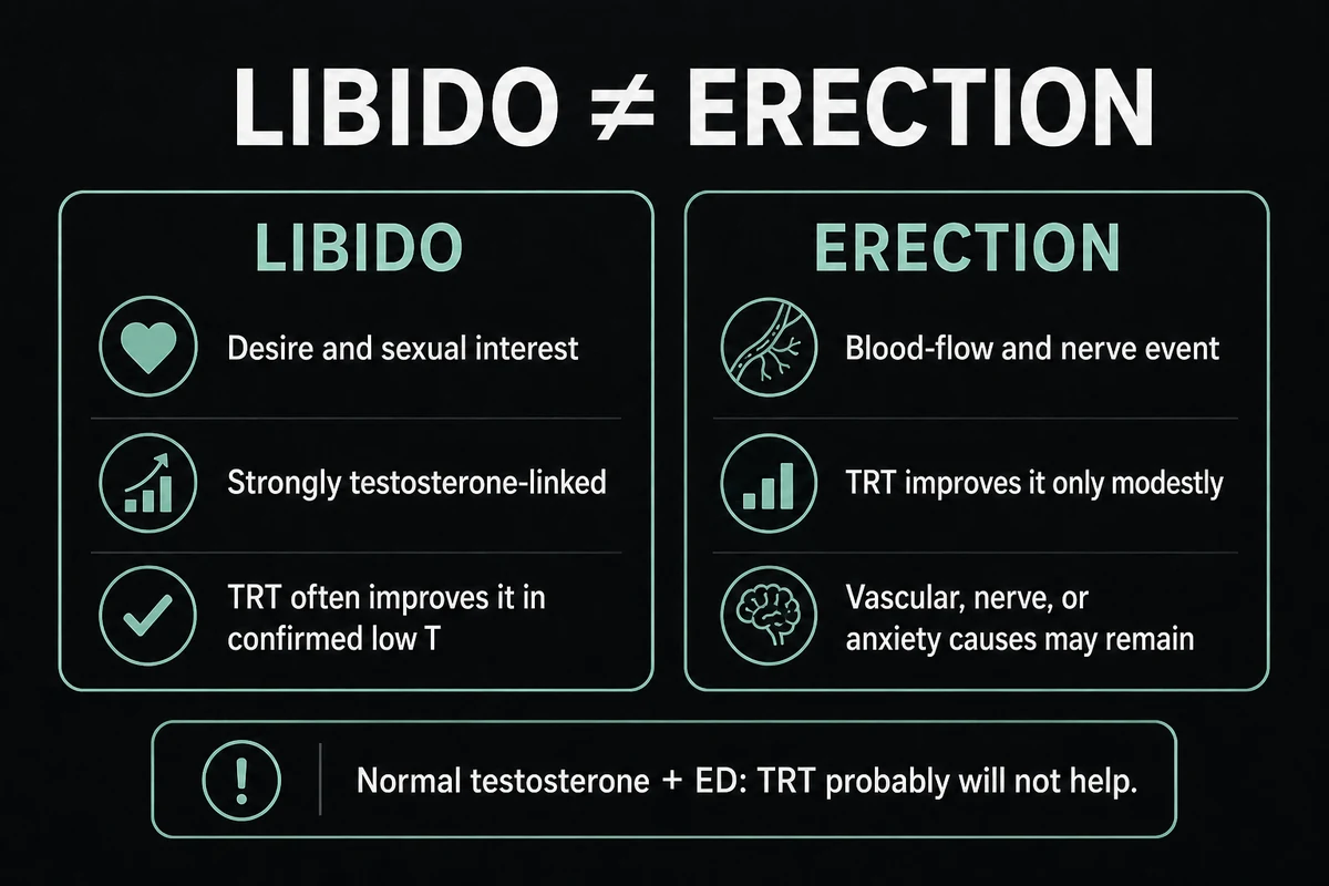 Comparison infographic explaining how libido differs from an erection and what TRT may improve.