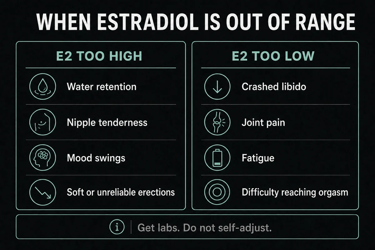 Comparison of symptoms linked to estradiol that is too high versus too low during TRT.