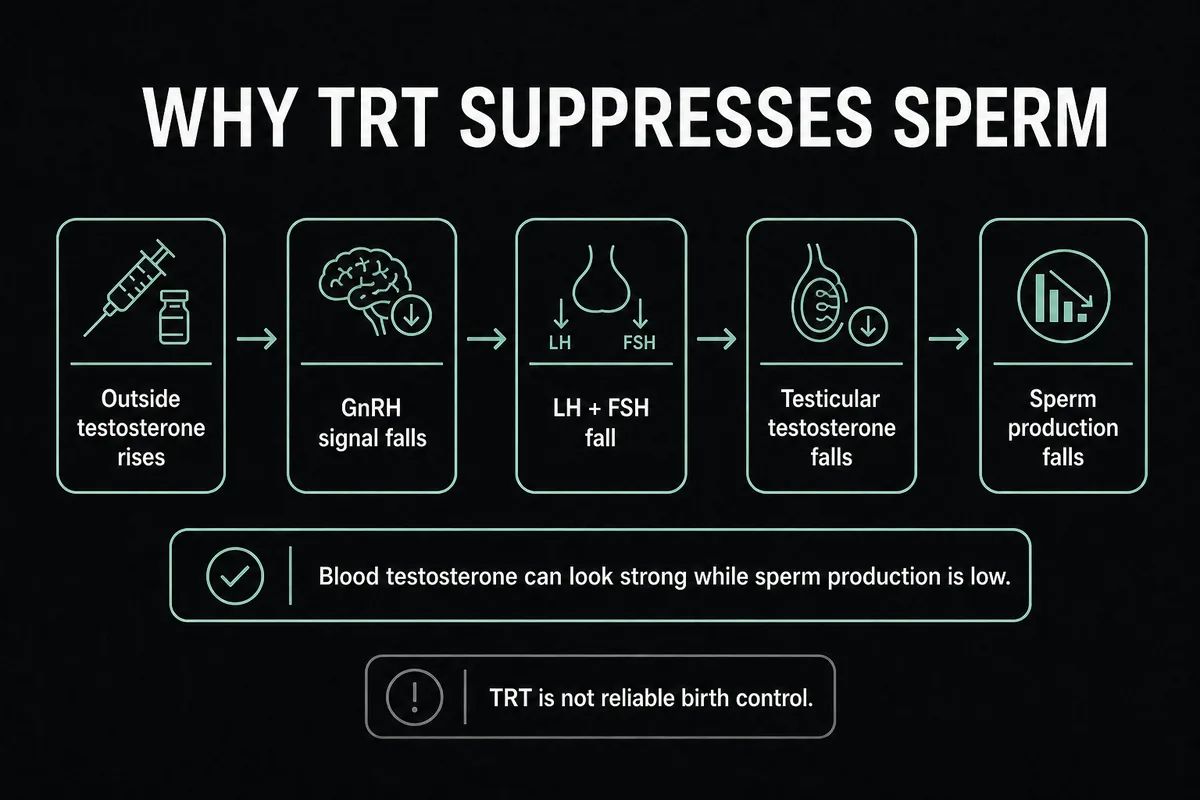 Infographic explaining how outside testosterone suppresses hormone signals needed for sperm production.
