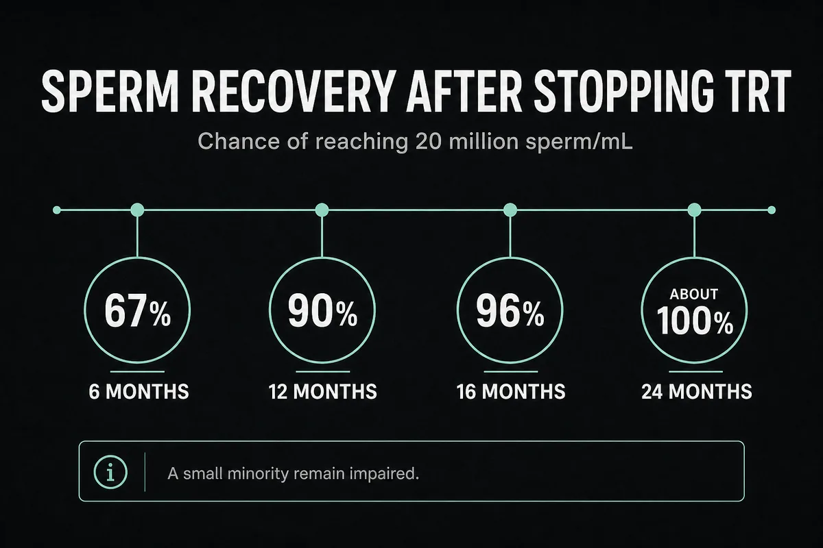 Timeline showing sperm-count recovery probabilities after stopping TRT.