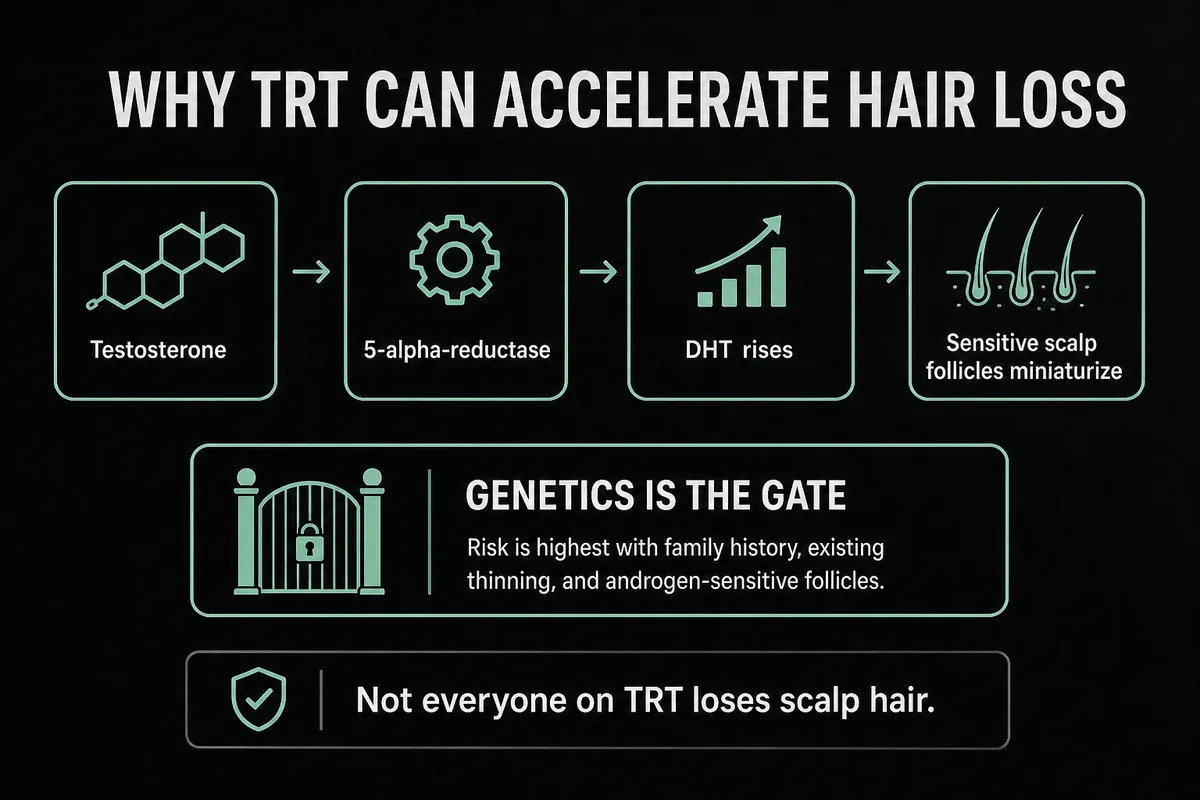 Infographic showing how testosterone converts to DHT and may affect genetically sensitive scalp follicles.