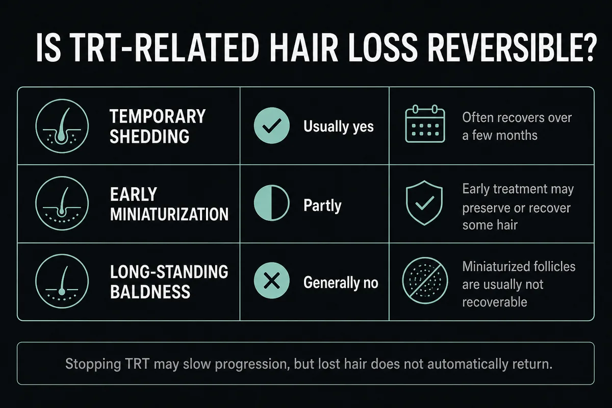 Comparison of reversibility for temporary shedding, early miniaturization, and established baldness.