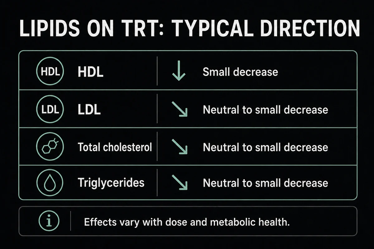 Typical directions of HDL, LDL, total cholesterol, and triglycerides on TRT.