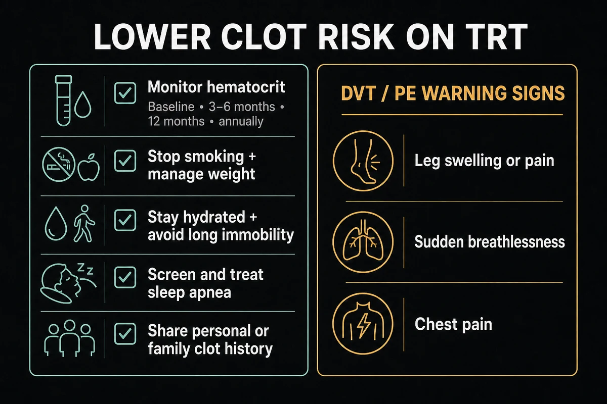 Checklist for reducing clot risk and recognizing DVT or pulmonary embolism warning signs on TRT.