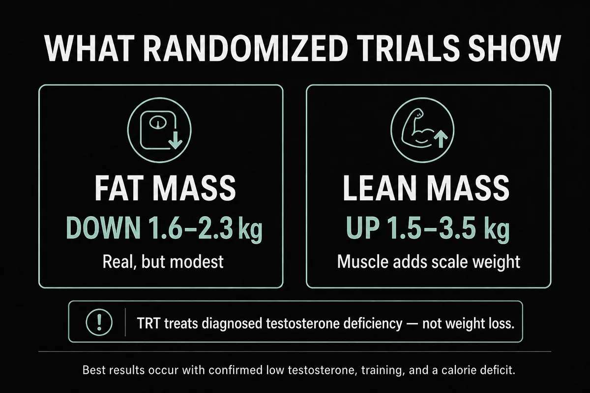 Randomized-trial summary of average fat-mass reduction and lean-mass gain during TRT.