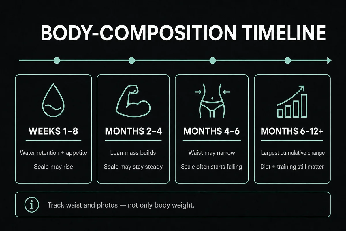 Timeline of expected body-composition changes during the first 12 months of TRT.