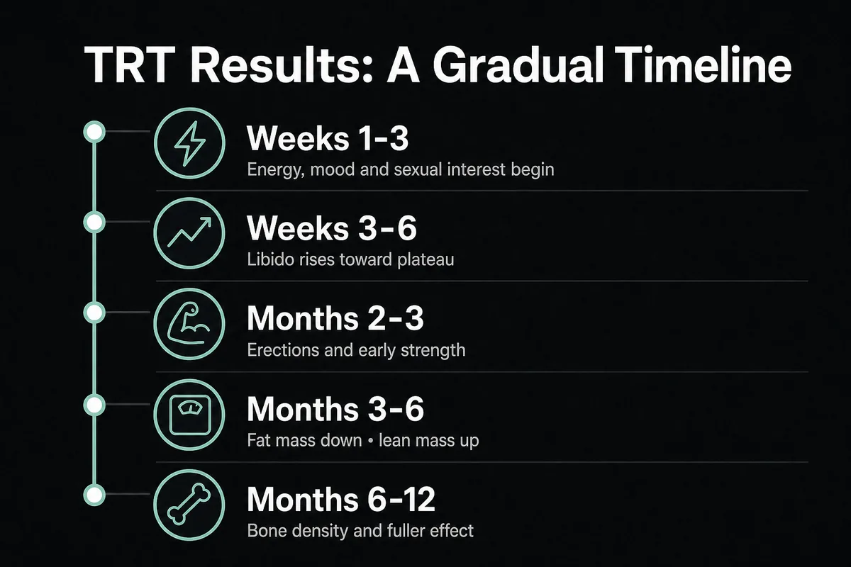 Realistic timeline of gradual TRT effects from the first weeks through 12 months.