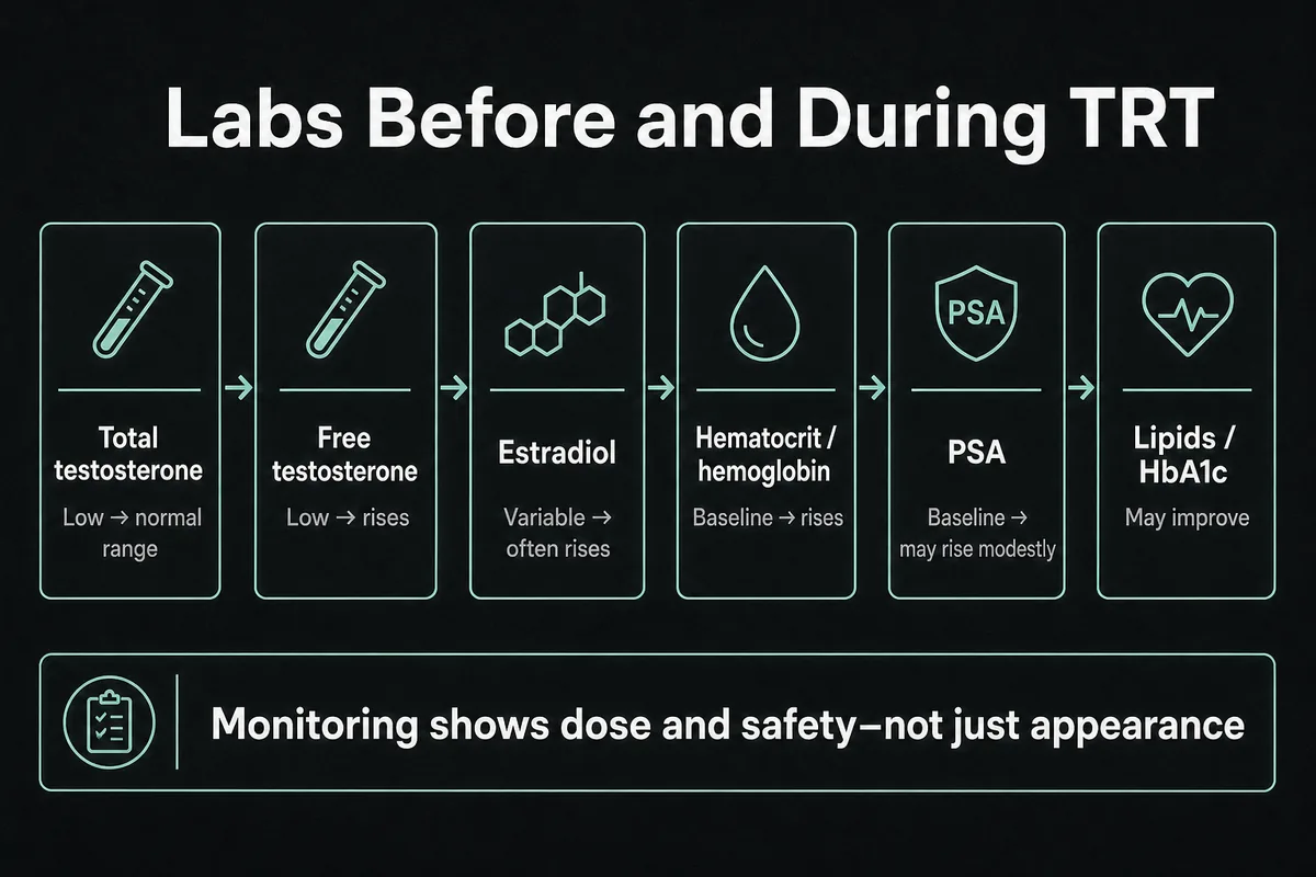 Infographic showing how six laboratory markers may change during monitored TRT.