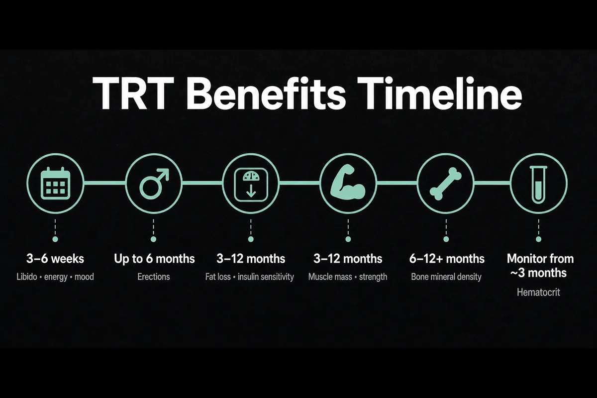 Timeline showing when major TRT benefits and hematocrit monitoring typically begin.