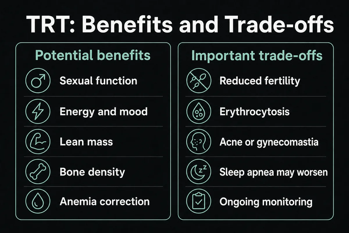 Balanced comparison of potential TRT benefits and important trade-offs.