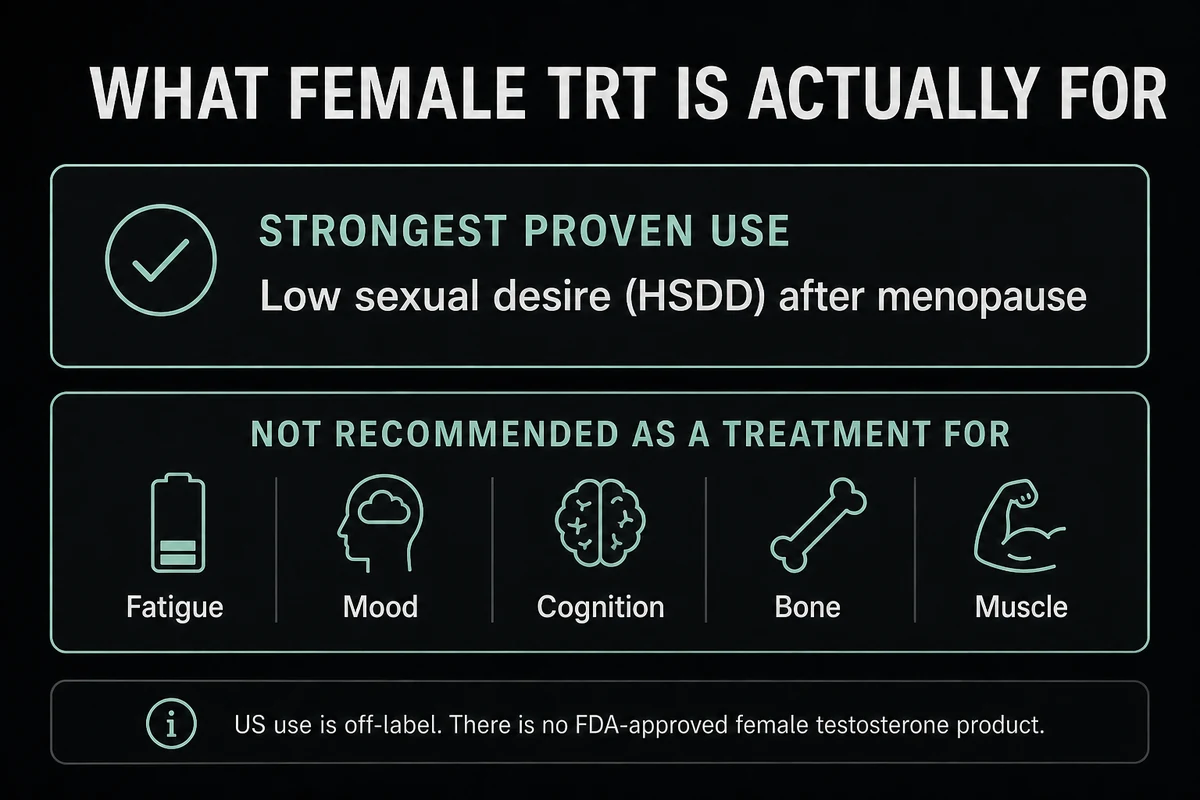 Infographic explaining the strongest proven use for female TRT and unsupported uses.