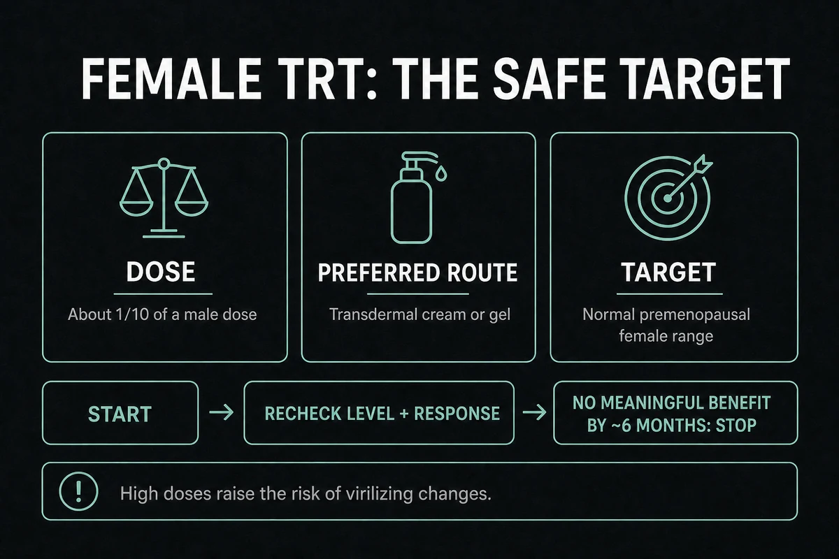 Infographic showing female TRT dose ratio, preferred route, target range, and six-month stop rule.